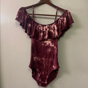 American Eagle Outfitters Maroon Red and White Bodysuit with Ruffle Detail